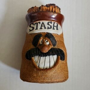 Hand-thrown Pottery "Stash" Jar Character. Excellent condition. Cork lid.5×3.5"